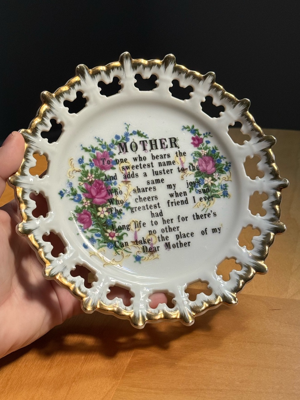 Mother Poem Floral c1960s Porcelain 24K Gold Wall Plate by Giftcraft Japan